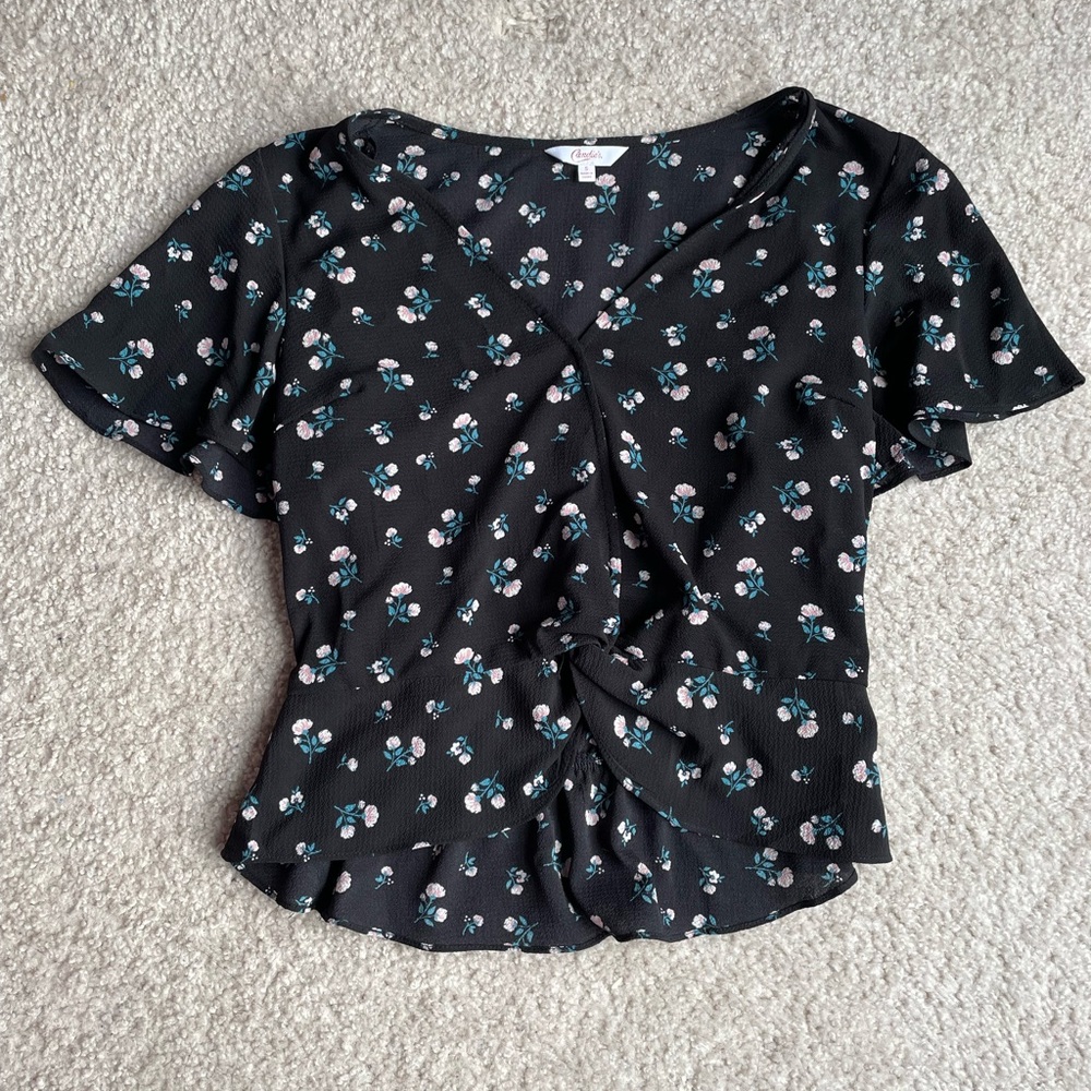 Candie's Black and White Wrap Blouse with Ruffled Short Sleeves